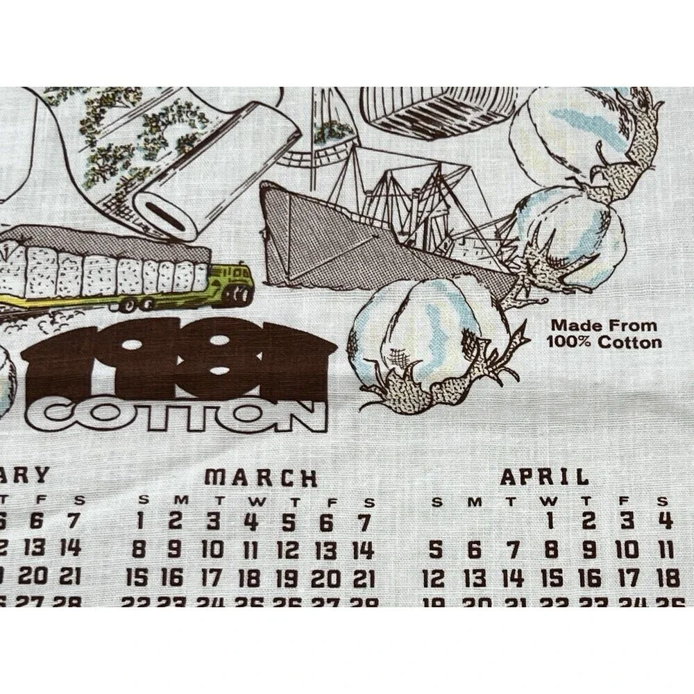 Vtg 1981 Kitchen Towel Calendar Circle of Cotton Production Farm Country 16x28